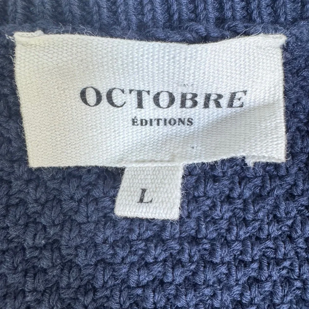Octobre Editions Mens Navy Striped Cotton Waffle Knit Sweater Large O241PUL021B
